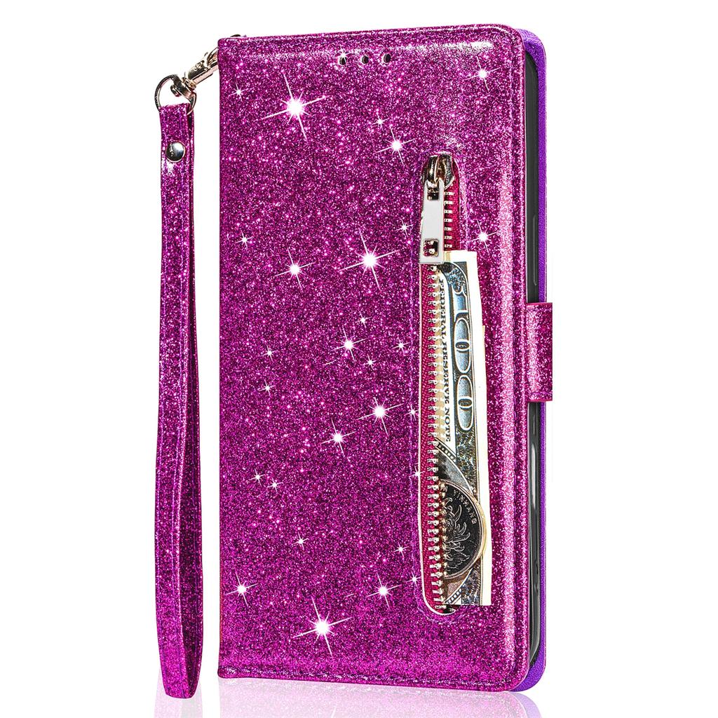 Reißverschluss Glitzer Leder Hülle für iPhone 17 Air 16 16E 15 14 13 12 11 Pro Max XS Max XR 8 7 Plus SE Flip Bling Geldbörse Handyhülle