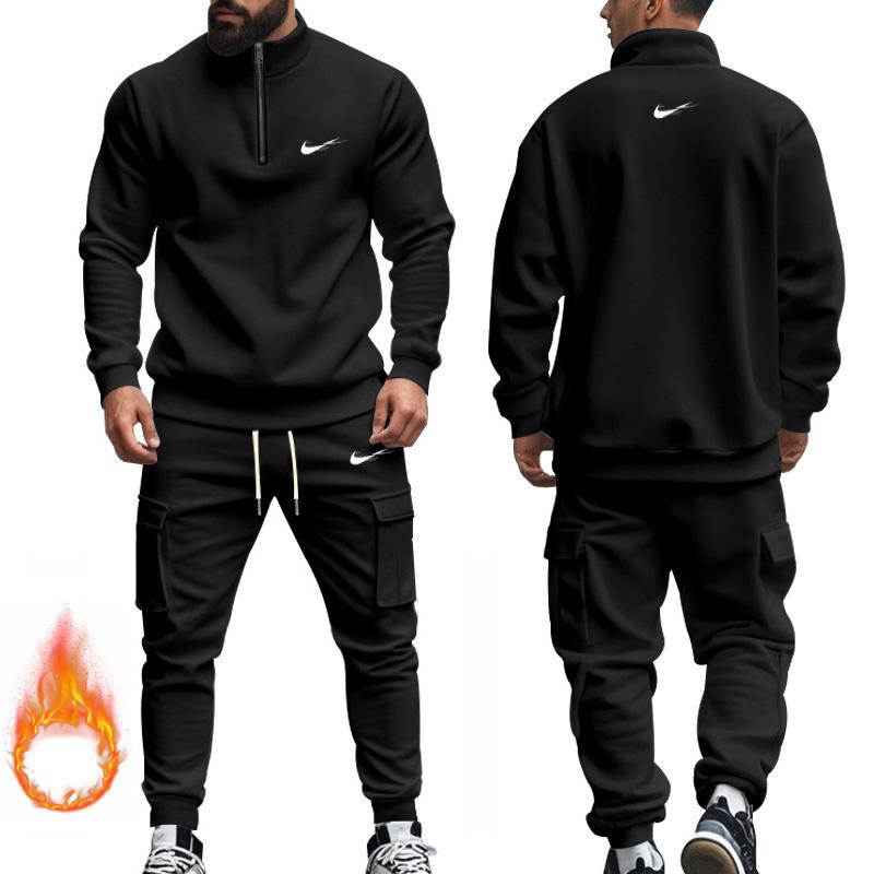 

Белый комплект из больших размеров, осень-зима, мужские спортивные штаны, новый стиль, американский, повседневный, плюшевый, теплый, на молнии M чёрный