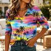 Damen Lässiges Hawaiian-Print-Hemd mit V-Ausschnitt, 3/4-Ärmel, Leichte Sommerbluse, Locker geschnittenes Oberteil für den Alltag