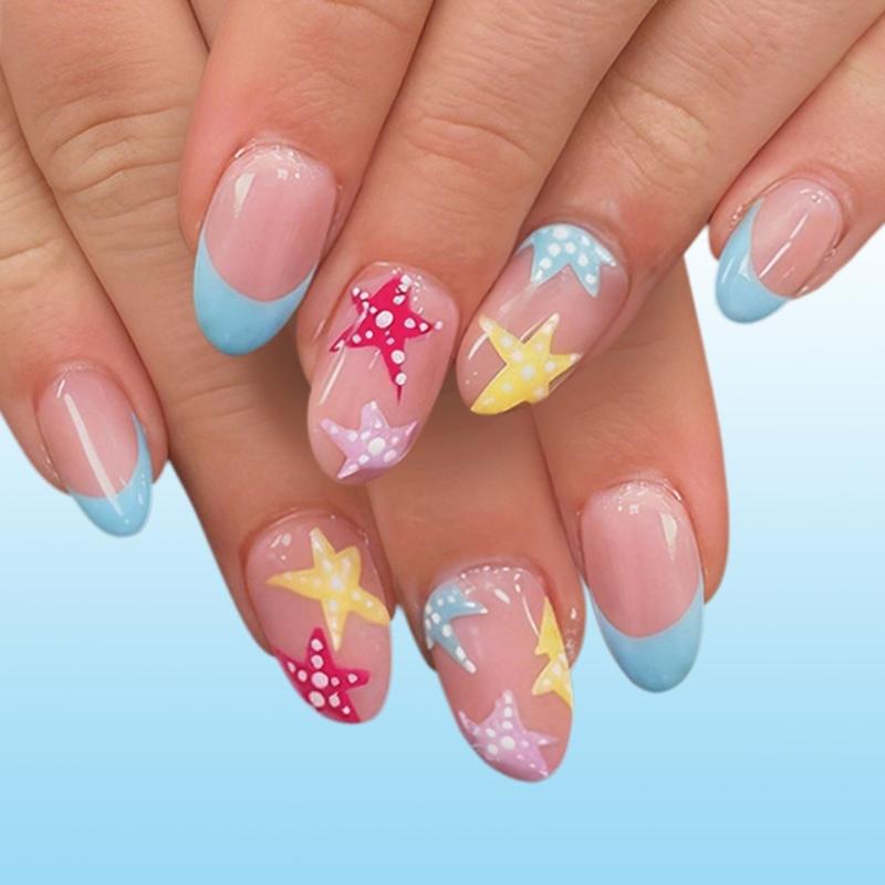 

24PCS Blue French Manicure Short Fake Nail With Starfish Design And ABS Plastic Artificial Nail For Girl Daily Wear 1