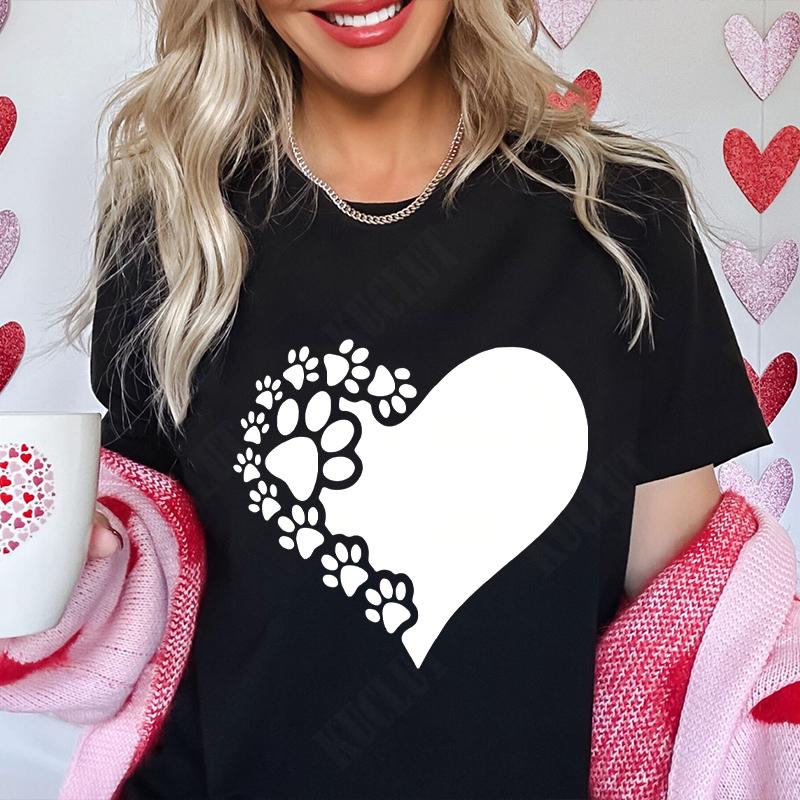 Funny Heart  Dog Paw Print Women Tshirts Fashion Summer Ladies Tshirts Short Sleeves Clothes Love Heart Fashion Casual Shirts