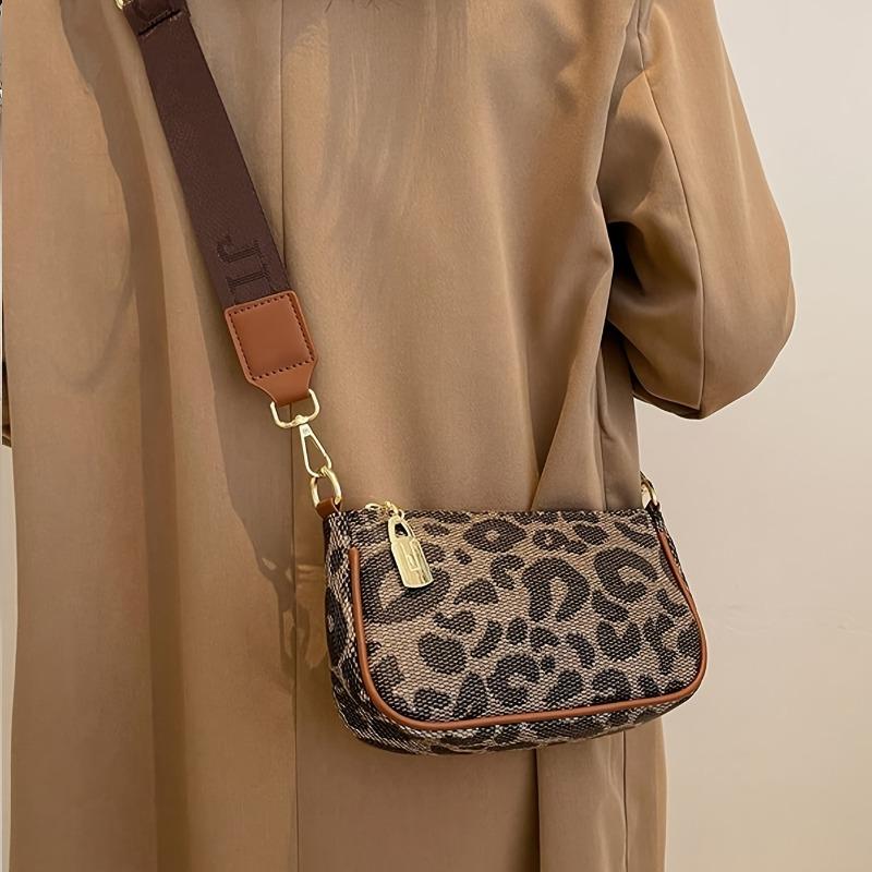 Women Casual Leopard Print Leather Crossbody Bag, Faux Leather Trimmed Shoulder Purse with Gold Accents, Versatile Fashionable