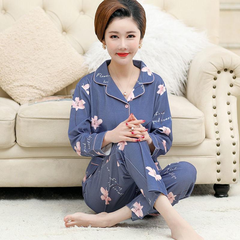Middle-aged women's 100% pure cotton pajamas women's summer long-sleeved pajamas middle-aged and elderly mother loungewear thin suit