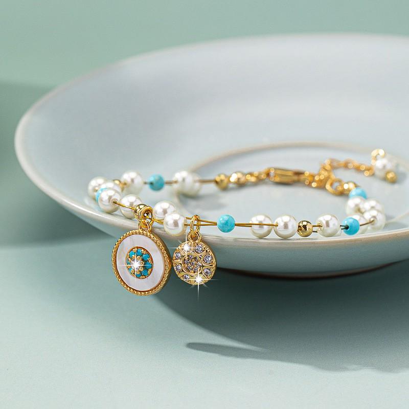 Elegant Freshwater Shell Pearl Necklace With Cubic Zirconia Pendant Matching Bracelet Set Lightweight O-Chain Jewelry Bracelet