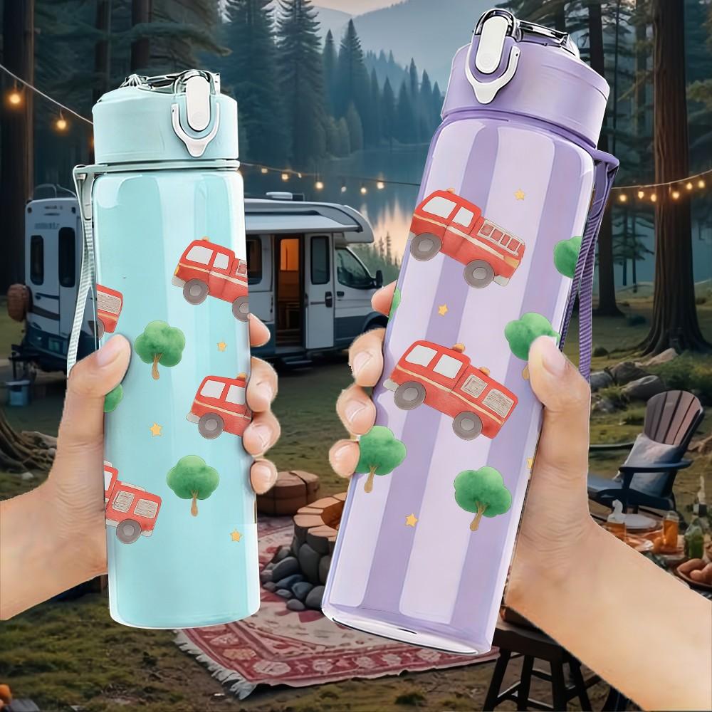 1PC Red Toy Truck Seamless Pattern 750ml Color Plastic Sports Water Bottle Leakproof Flip Straw Lid Suitable for Sports Office Home Use