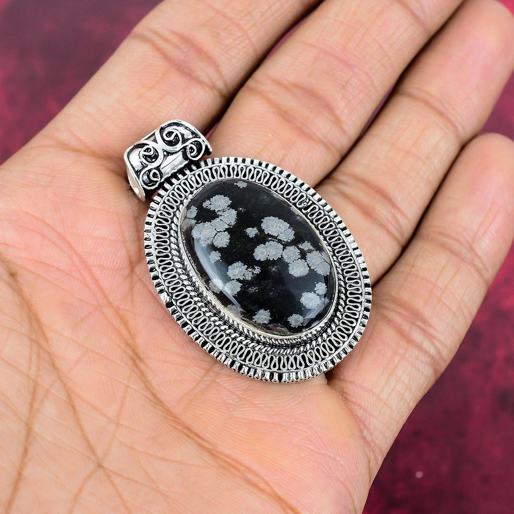 Hänge av snöflingeobsidian, 925 sterling silver, ädelsten, handgjort, delikat smyckeshänge, för henne