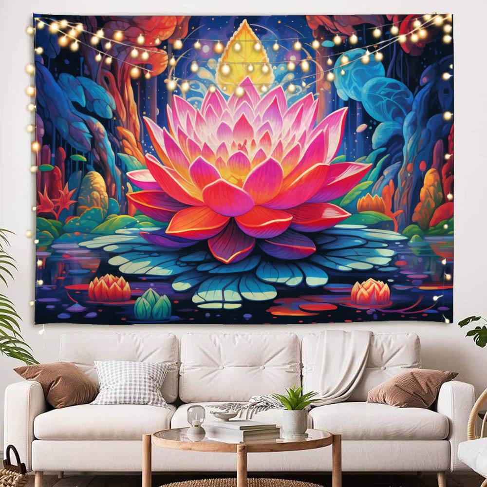 Starry Sky Lotus Meditation Flower Art Tapestry Wall Hanging for Living Room Sofa Home Decor - Bohemian Style Room Accommodation