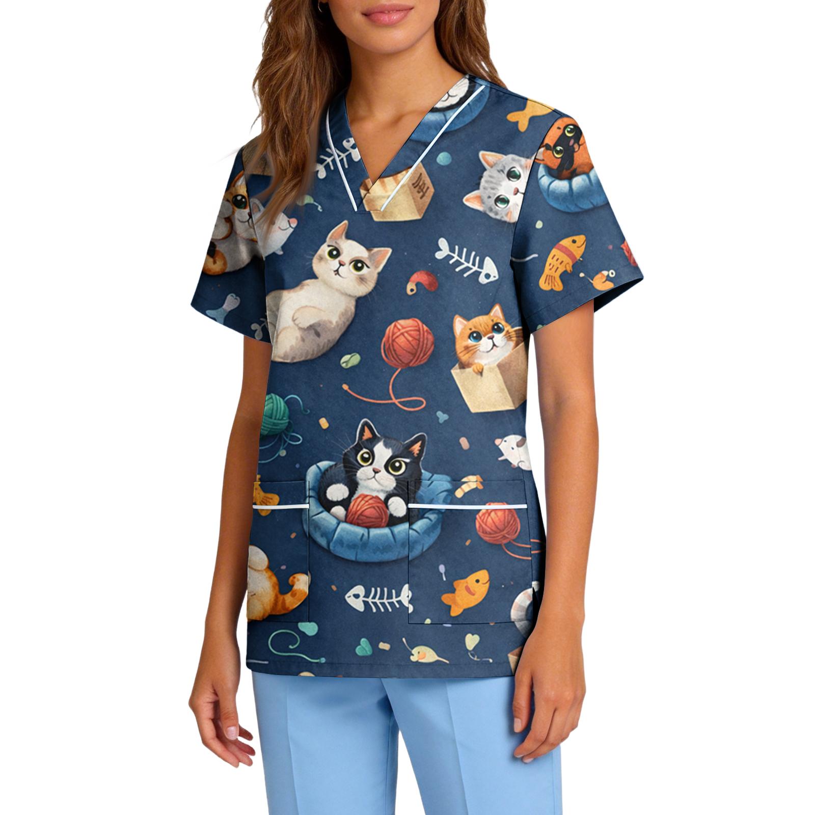 

Womens Stretchy Quick Dry V Neck Short Sleeve Pocket Scrub Top Animal Print Uniform for Healthcare Veterinary Pet Grooming L