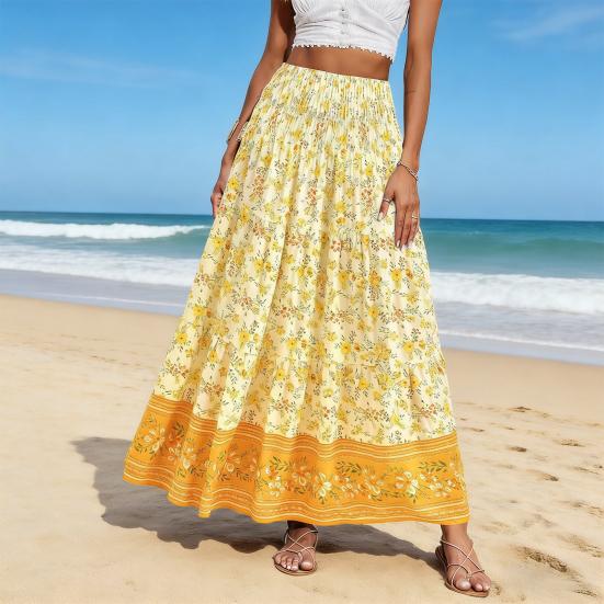 Beach Skirt Elastic High Waisted Skirt Ruffle Splicing A-Line Women Pleated Large Hem Floral Print Maxi