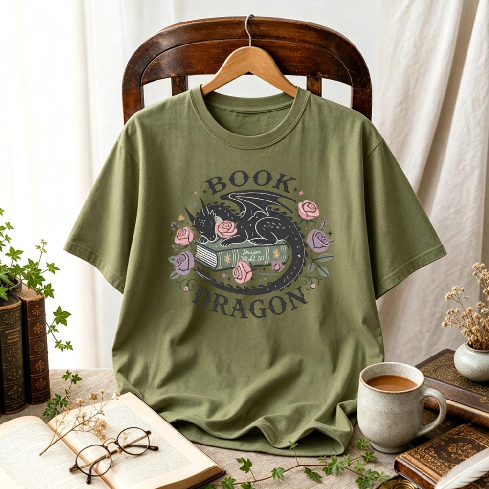 Unisex Cotton Book Dragon TShirt Vintage Fantasy RoUnisexce Reader Gift Cute Stars Floral Wreath Design Dark Academia Novel Lover