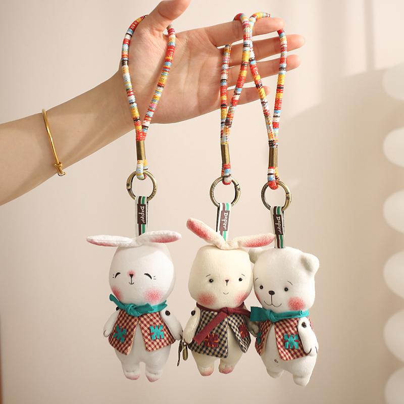 Fabric Handmade Animal Plush Toy Pendant Pig Rabbit Bear Stuffed Doll Keychain Backpack Pendant Car Key Holder Birthday Gifts