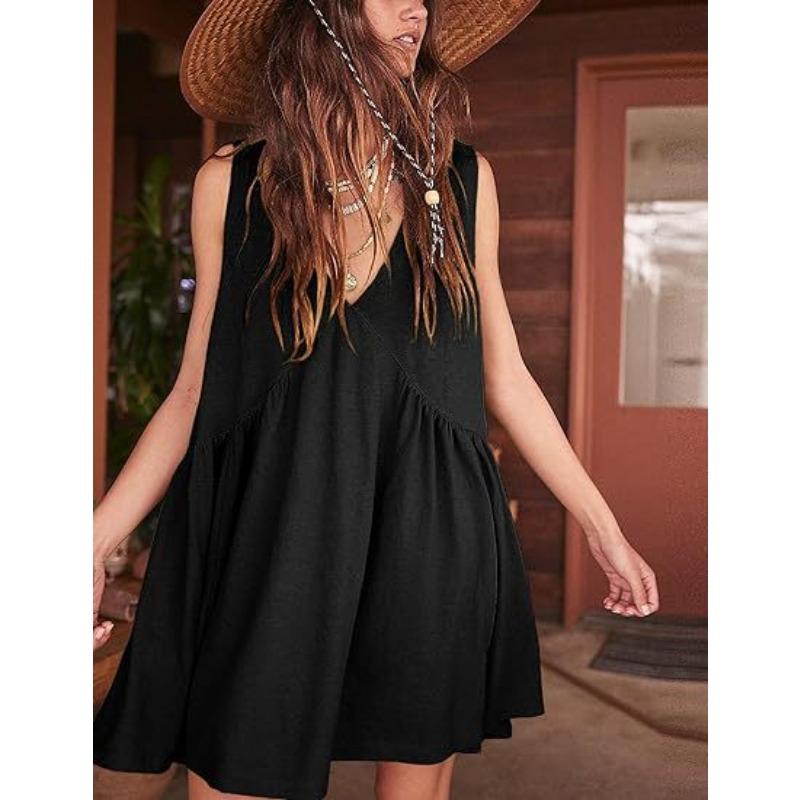 Women's V-neck Sleeveless Pleated Vest Pocket Casual Dresses
