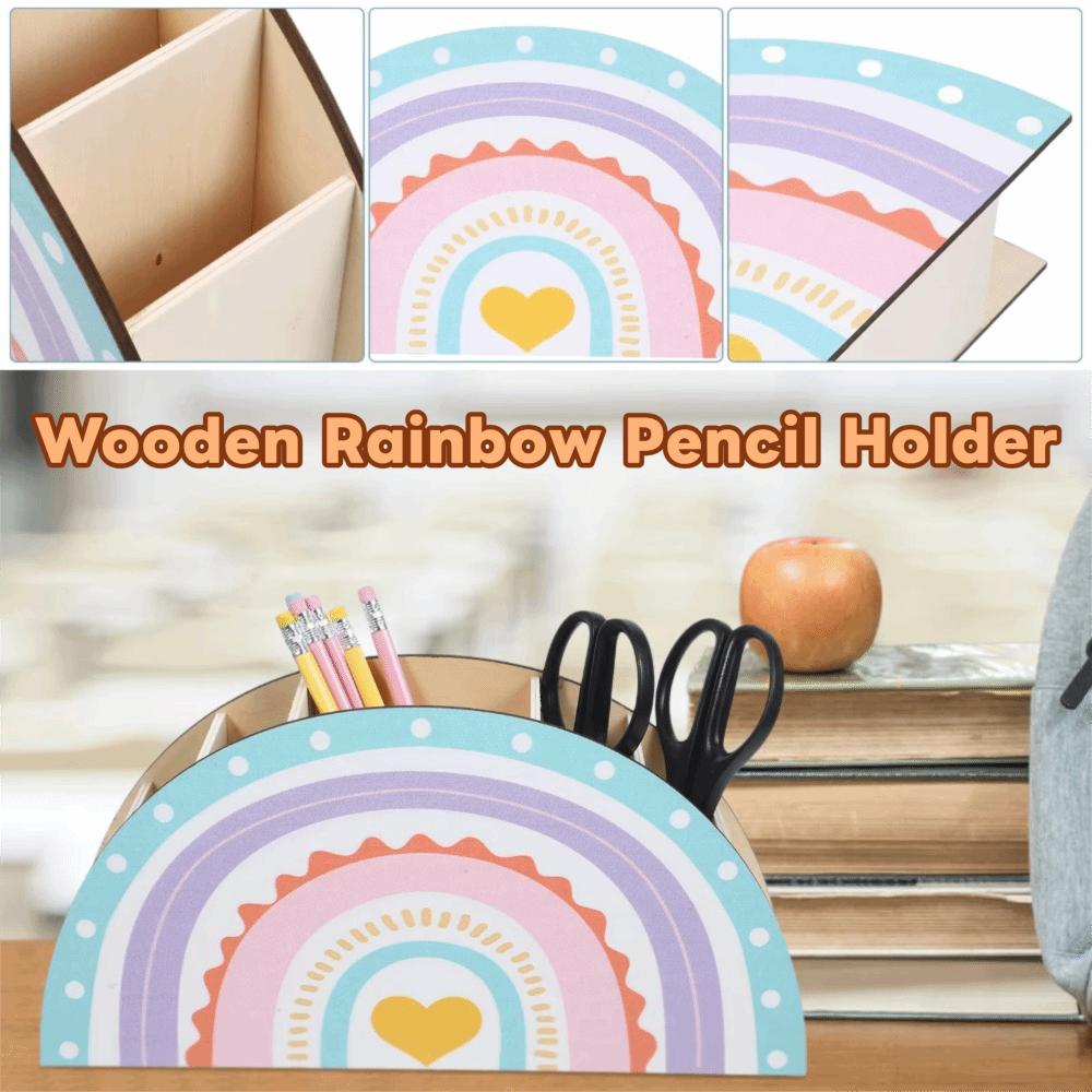 Wooden Rainbow Pencil Holder 5 Slots Decorative Pen Holder  Graduation Season