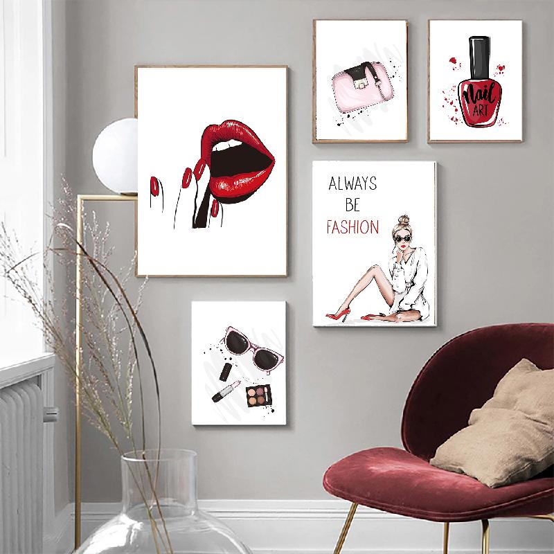 

Современная мода, лак для ногтей, губы, художественный принт, туфли на высоких каблуках, макияж, настенная живопись на холсте, плакаты, настенные панно, домашний декор