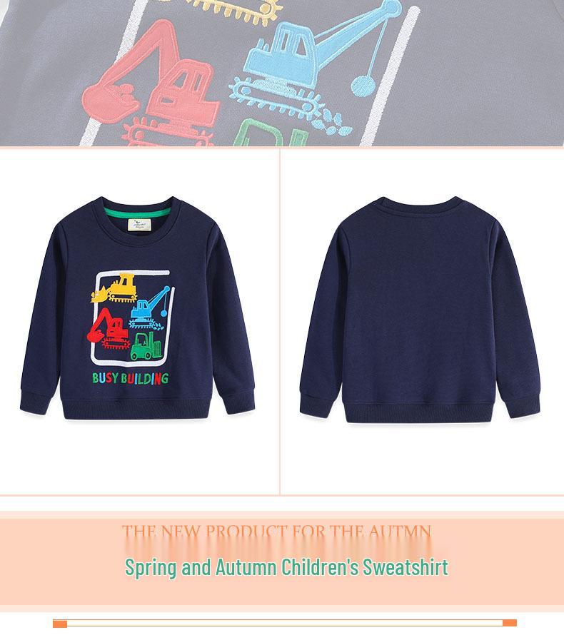 European & American Children's Autumn Loose Hoodie with Construction Vehicle Embroidery
