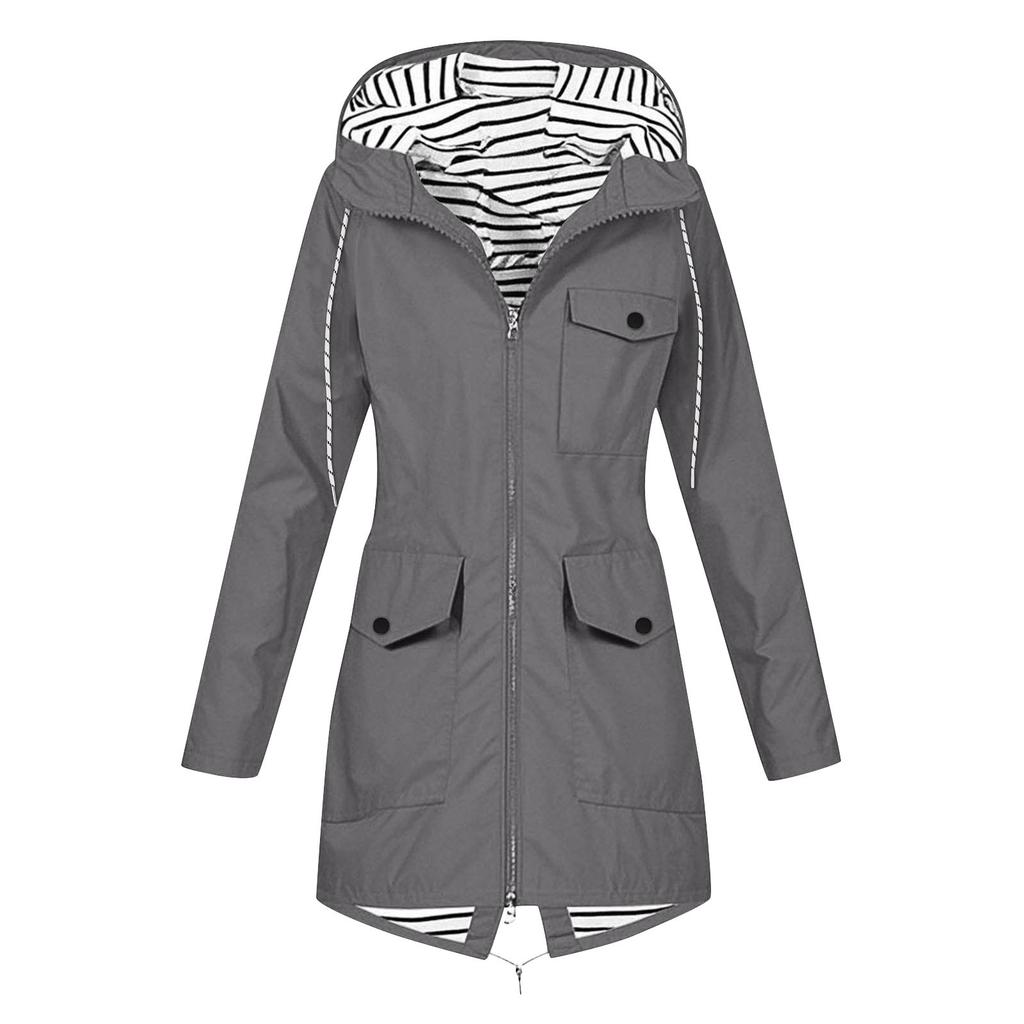 Women Solid Rain Jacket Outdoor Plus Waterproof Hooded Raincoat Windproof