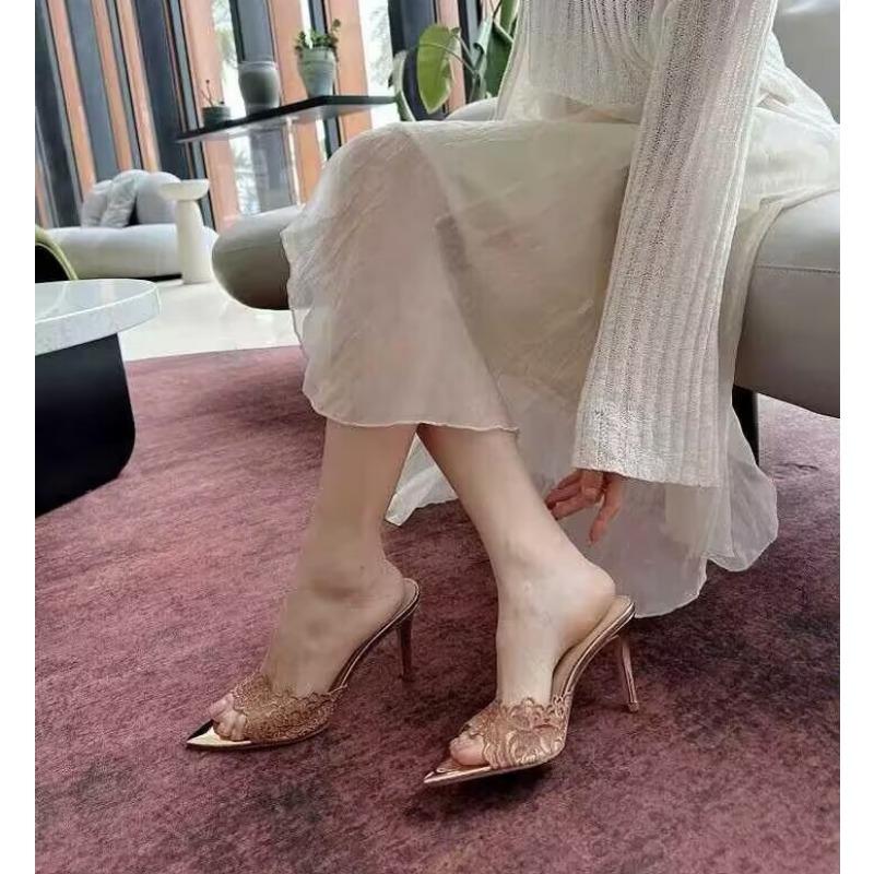 French Champagne Lace Embroidered Pointed High-heeled Slippers Women's Versatile Sexy Celebrity Fish Mouth Stiletto Sandals