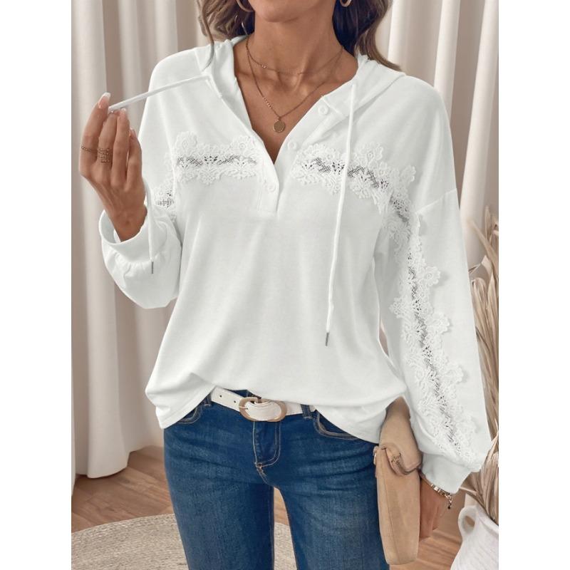 Autumn New Lace Stitching Hooded Sweatshirt Solid Color Casual Versatile Pullover Top