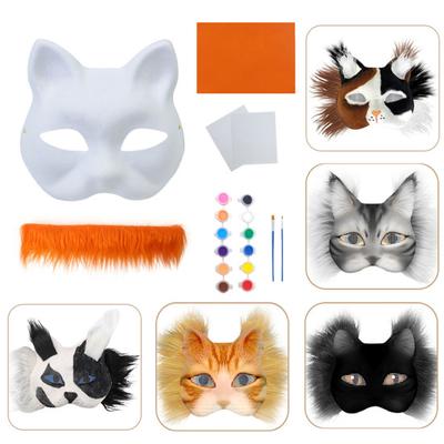 Cat Masque DIY Set White Paper Cat Masque with Eye Mesh Faux Fur Unfinished Cat Masque for Kids Adults DIY Painting