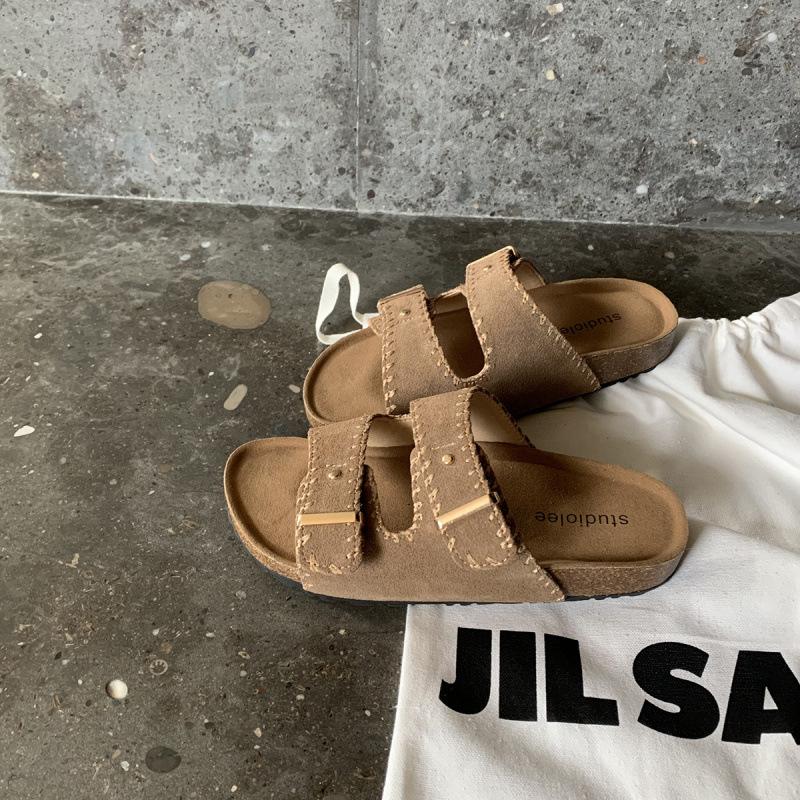 

! Shoes retro hand-stitched buckles show white lazy one-pedal slippers 40