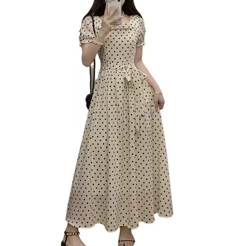 Early spring high-end French square collar polka dot dress children's new summer wear temperament waist dress