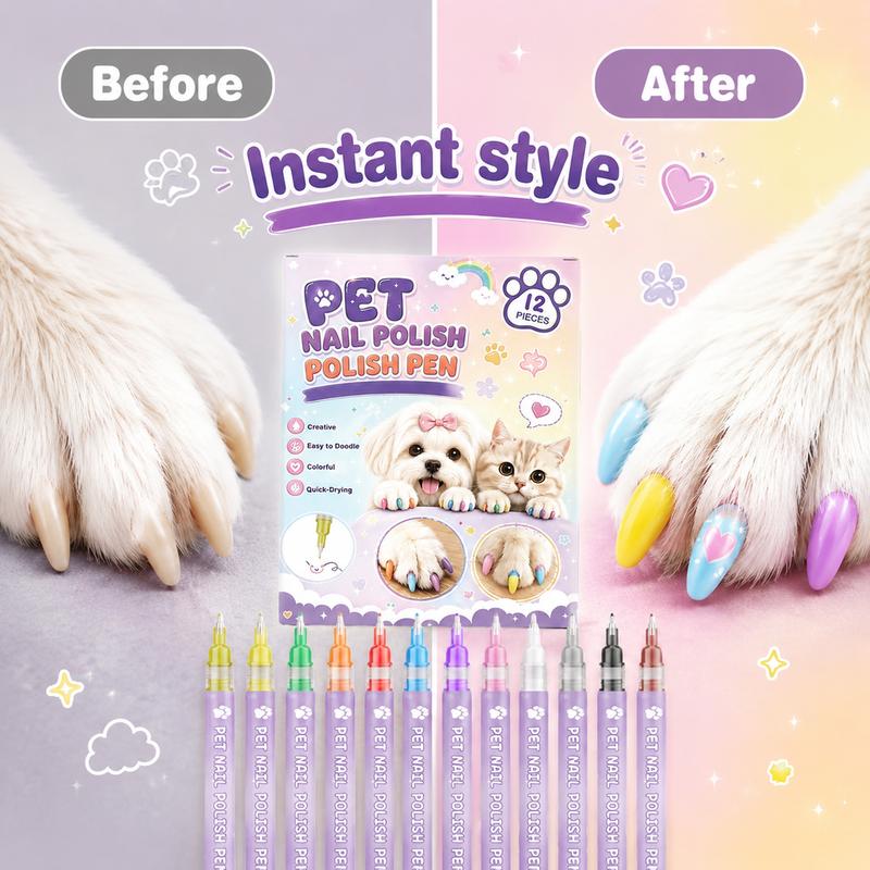 12 Colors Pet Nail Polish Pen Cat Dog Nail Art Pet Grooming Tool Washable Nail Paint Pen Quick Dry Fine Tip Pet Claw Decoration