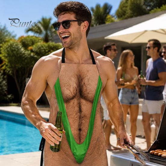 Funny White Elephant Gifts 3D Hairy Men's Body Apron, Novelty Muscle Print BBQ Gag for Men Cooking Bib, Adjustable Polyester Kitchen Apron Grilling