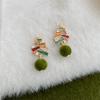 Hand-Painted Christmas Tree Zircon Flocking Pompon Earrings - 925 Silver Needle