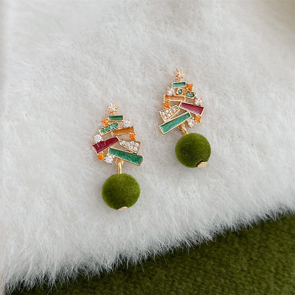 Hand-Painted Christmas Tree Zircon Flocking Pompon Earrings - 925 Silver Needle