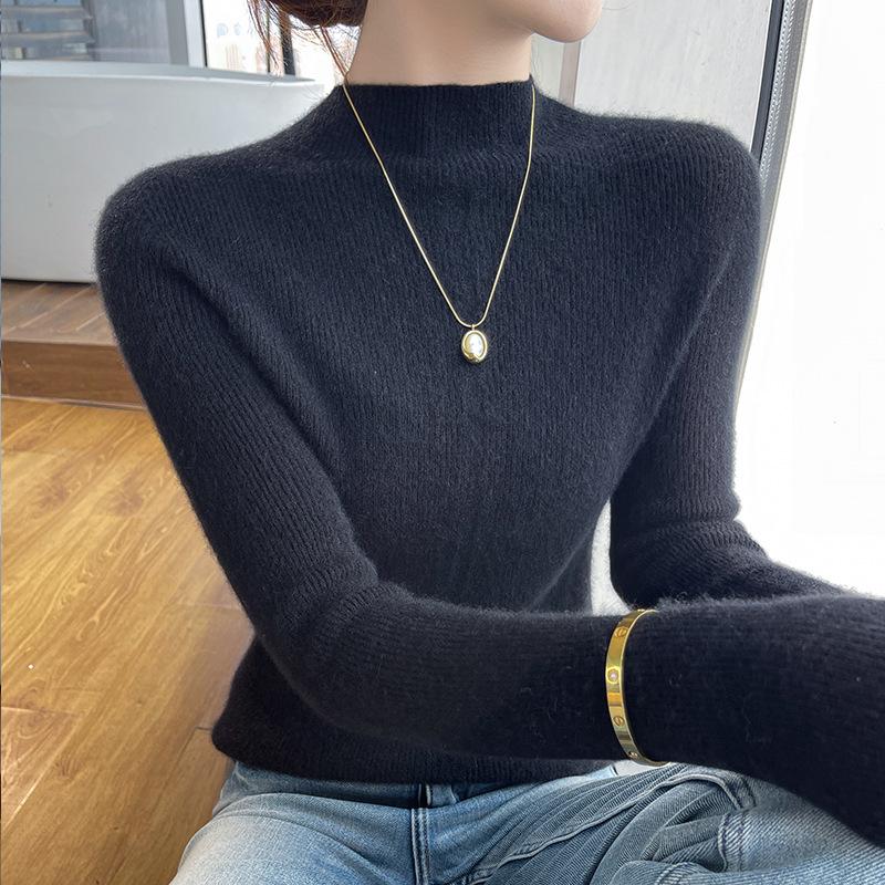 Women's Slim-Fit Wool Sweater - Autumn/Winter, Versatile Cashmere Knit, Half-High Collar