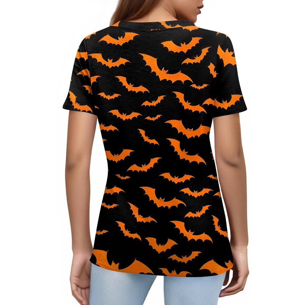 Modisches Lässiges Damen-Pullover-Oberteil mit Kurzarm und Halloween-Print, Rundhals