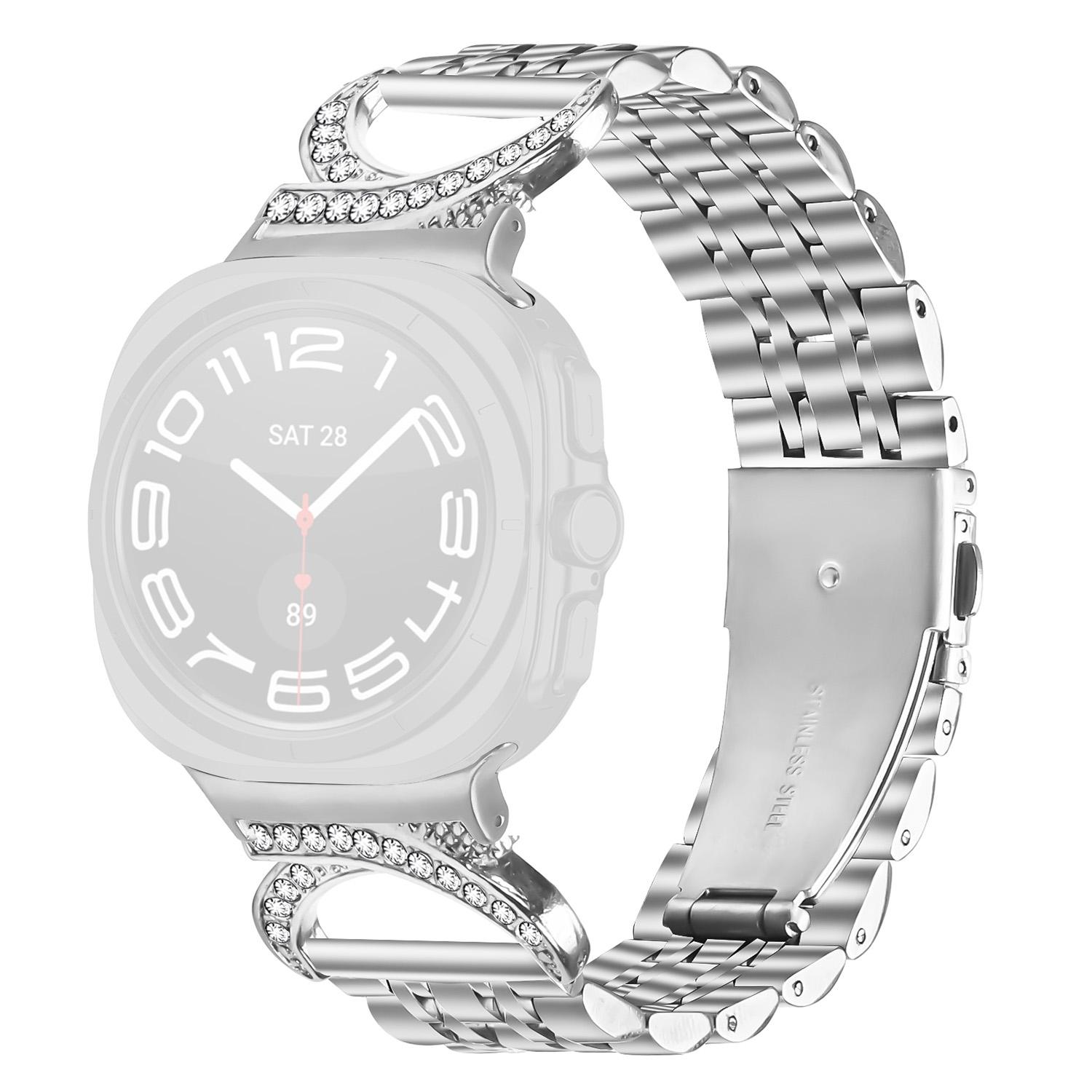 For Samsung Galaxy Watch Ultra (2025) 47mm/Watch Ultra 47mm Watch Band Seven Bead Stainless Steel Strap with Rhinestone Ox Horn Style Connector