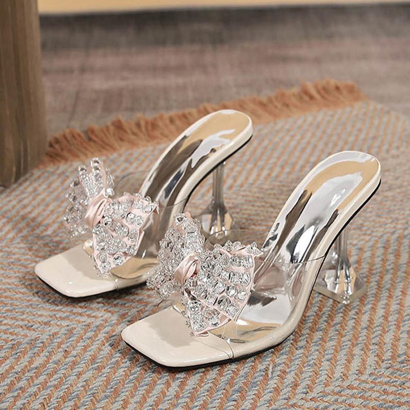 Liyke Big Size 44 45 46 Women Shoes Clear High Heels Modern Slippers Street Sexy Crystal Bowknot Square Toe Transparent Sandals