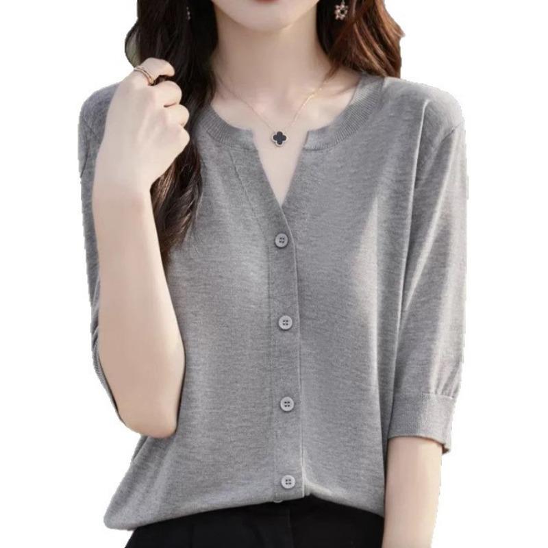 Women's Short Sleeved T-shirt Summer Loose Cardigan T-shirt V-neck Ice Silk Knitted Top