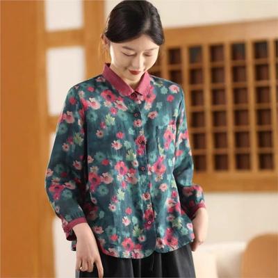 Women Chinese Style Shirts Print Floral Button Spring Tops Turn-down Collar Long Sleeve Button Shirts