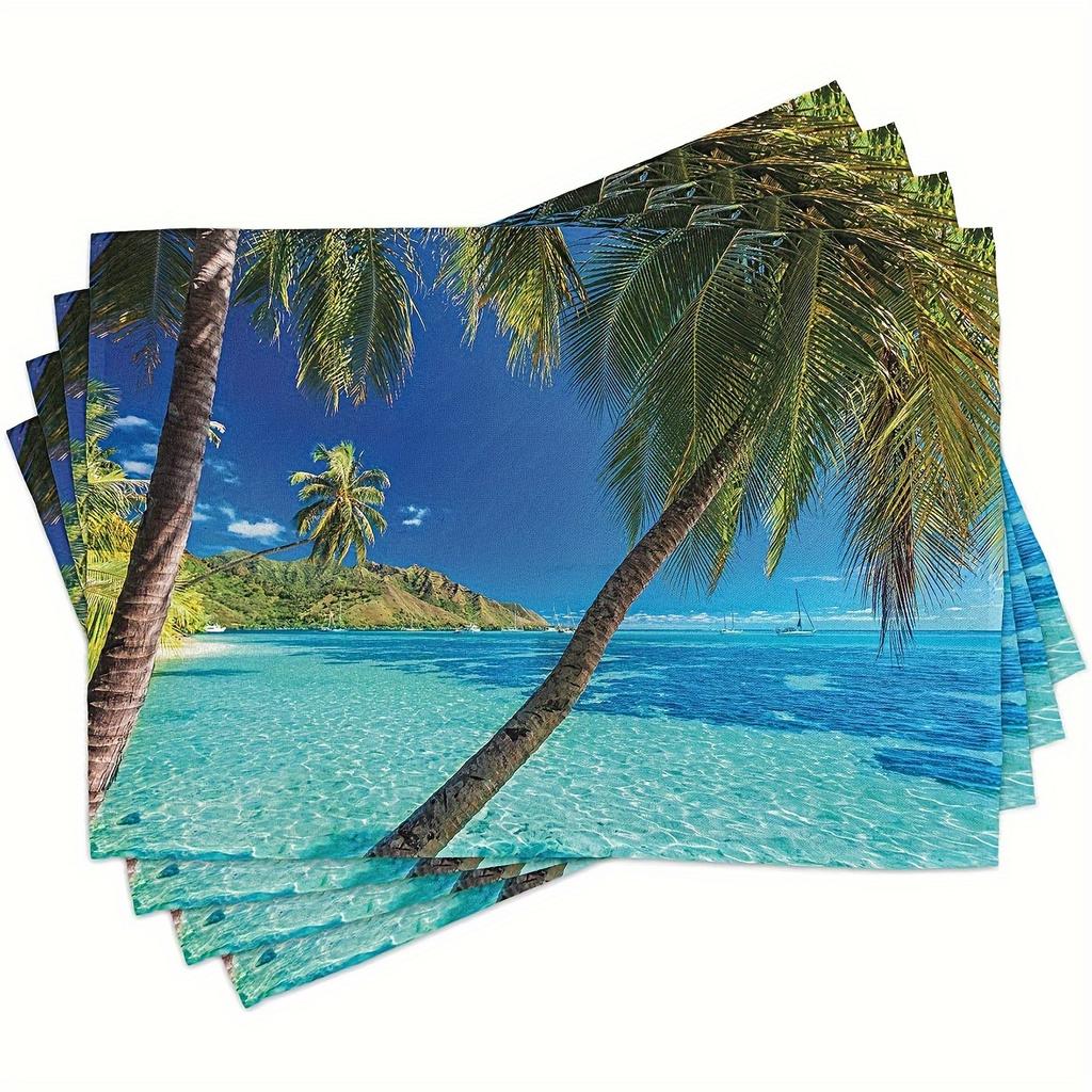 4pcs Tropical Beach Palm Tree Placemats Dining Table Decor Ocean Scene Kitchen Mat  For Home & Restaurant Outdoor Party Decor
