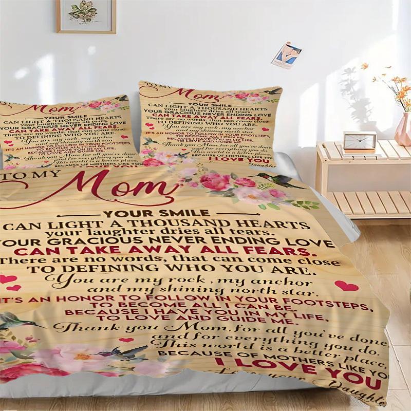 

3PCs Mom Appreciation Quote Design Cover Set, Breathable Fabric, Machine Washable (1 Duvet Cover + 2 Pillowcases) (Without Quilt) yy250911111 135x200cm