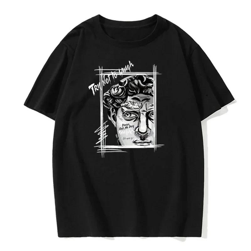 Creative Sculpture Expression Text Design Men's Cotton Top Round Neck Cotton New T-shirt Fashion Loose Clothes Summer New Top