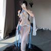 Women Sexy Lingerie Cosplay Costume Erotic Dresses See-through Elegant Blue Chinese Hanfu Dress Antique-Style Outfit