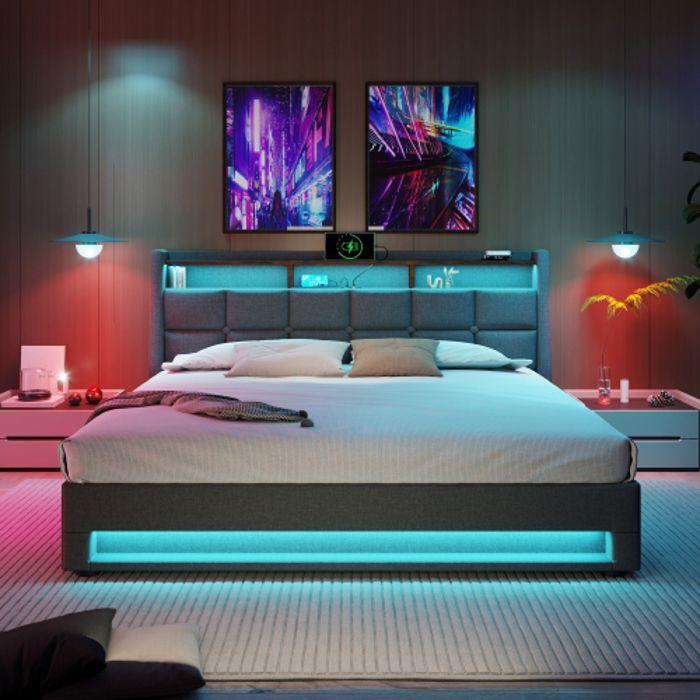 Lit Double - MUVOE - 140x200cm - Rembourré Avec USB - Éclairage LED - Design Vintage
