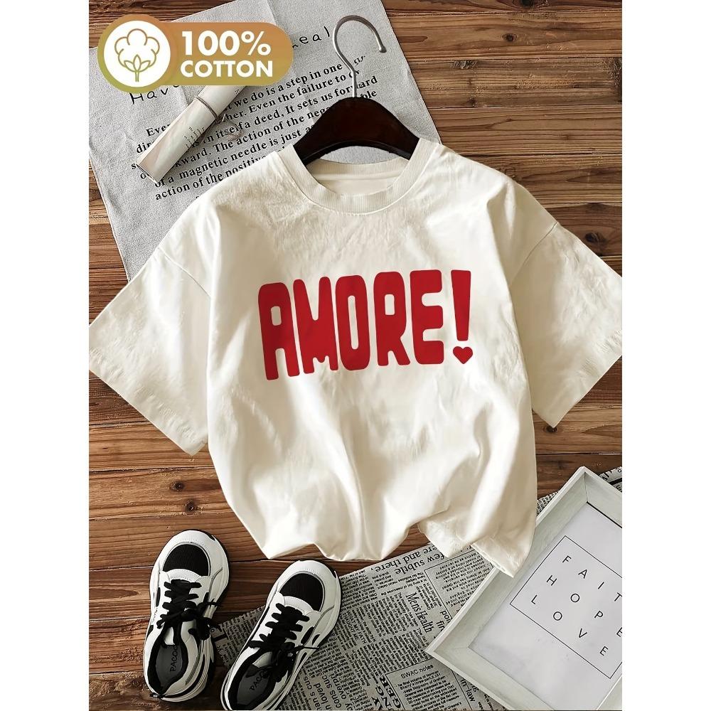 Amor Letter Print Cotton Women's Graphic T-Shirt Soft Crew Neck Short Sleeve Top Harajuku Shirt Floral Design