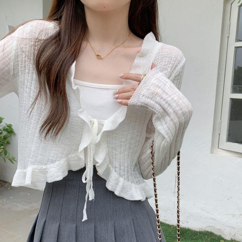 

Летняя женская солнцезащитная трикотажная рубашка с кружевной отделкой, укороченный топ с длинными рукавами и одной пуговицей, женский кардиган с короткими рукавами и открытым передом в рубчик One Size белый