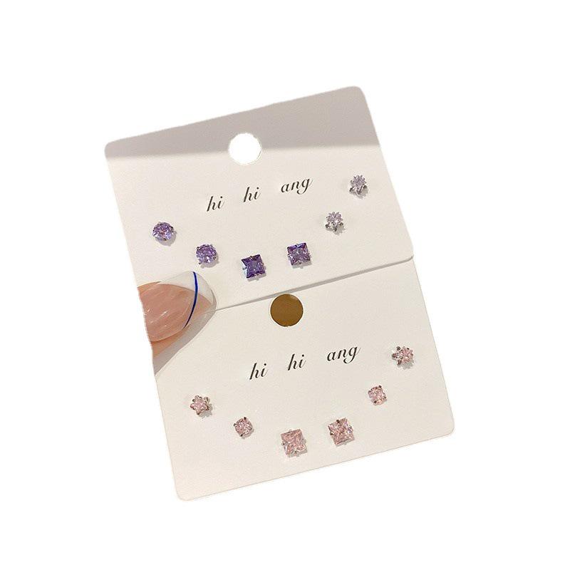 925 Silver Crystal Stud Earrings Set - Trendy Niche Design for Women, 2022 Summer Collection, Six-Piece High-End Style.