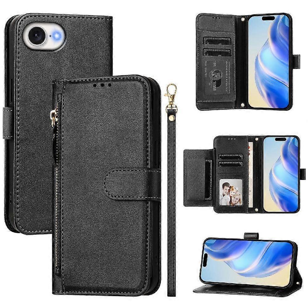 Wallet Phone Case for iPhone 16e with Zipper Card Holder, Detachable Strap, Kickstand, Magnetic Closure