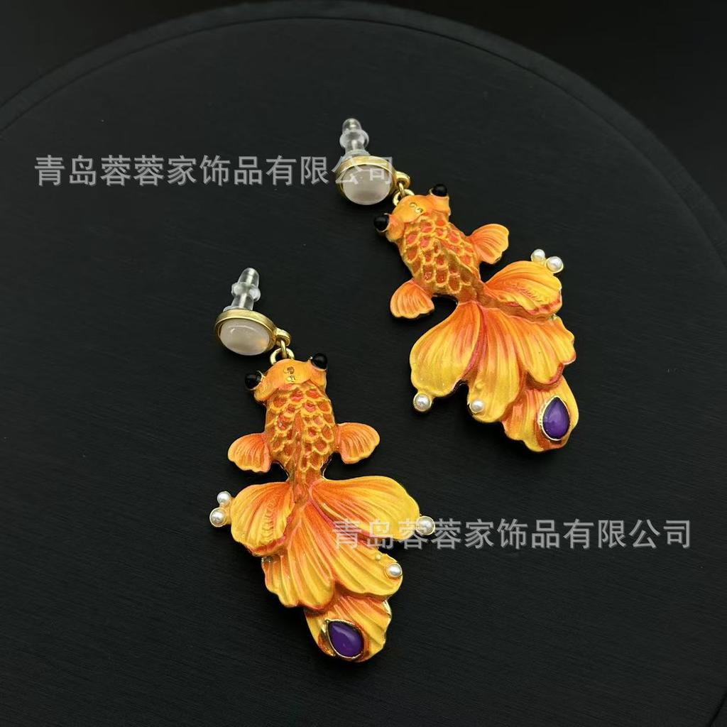 Medieval Jewelry New Chinese Goldfish Koi China-Chic Earrings Traditional Classical Style Delicate Pearl