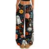 Women's Casual Halloween Printed Wide Leg Pants with Elastic Waist and Drawstring