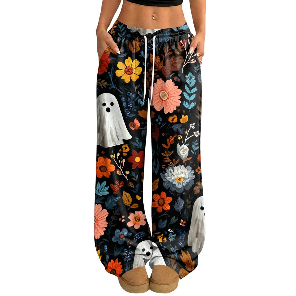 Women's Casual Halloween Printed Wide Leg Pants with Elastic Waist and Drawstring