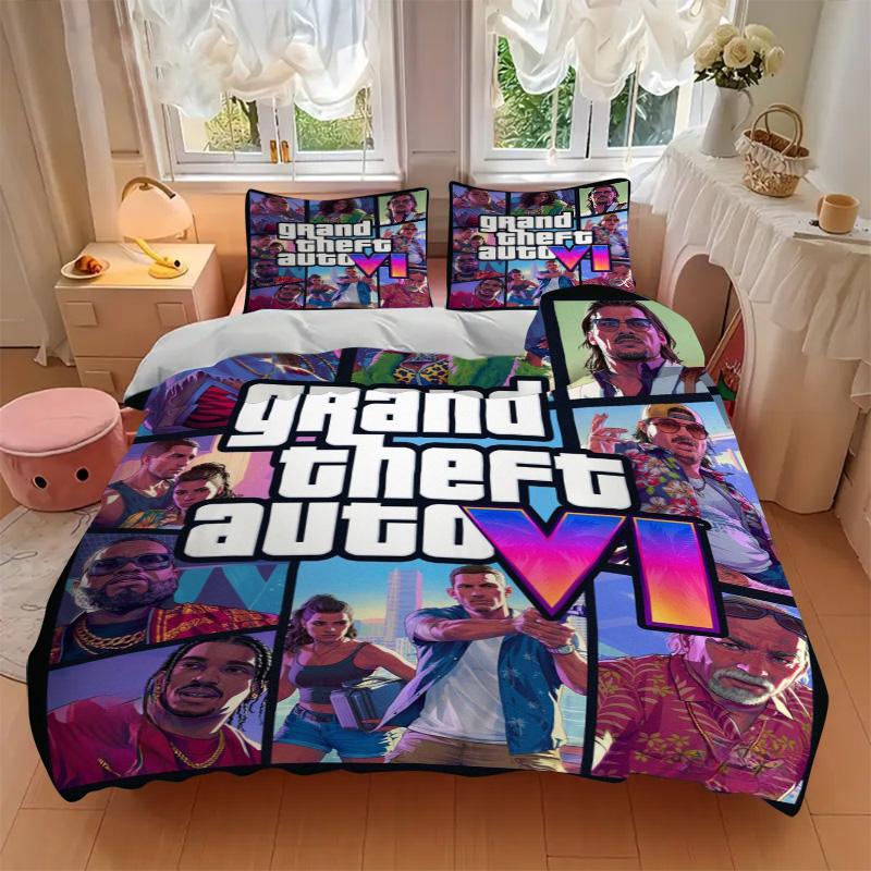 Gta Vi Bettwäsche 3-teiliges Set HD-Druck Bettbezug Kissenbezüge für Teenager Erwachsene Schlafzimmerdekoration Weihnachtsgeschenk C9211677