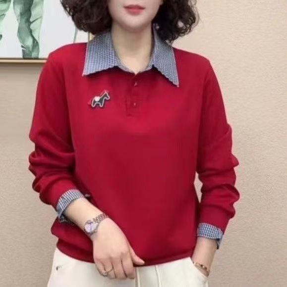 

Plus Size Maternity Long Sleeve Layered Top for Middle-Aged Women - Autumn/Spring XL (110-120 jin) красный