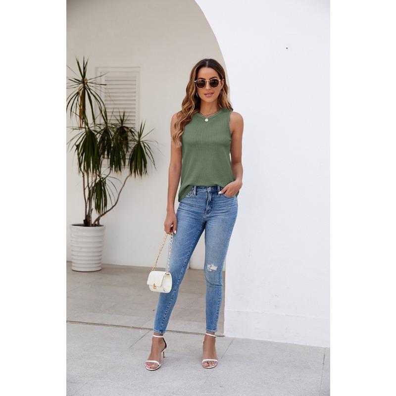 Sommer Damen Weste Rundhals Weiche Waffelstrickweste Lockeres Tanktop